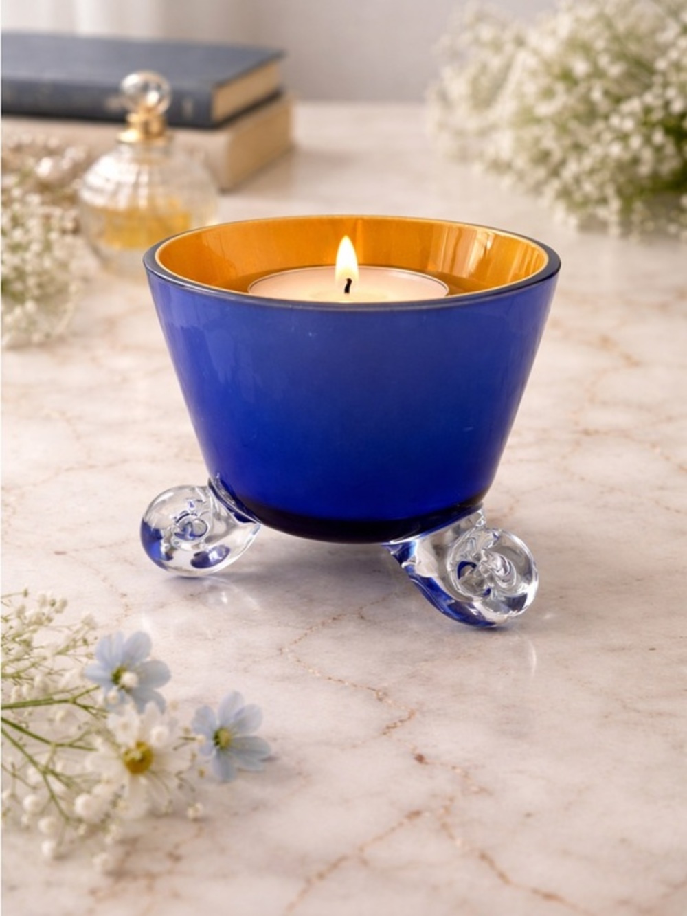 Vintage small footed crystal bowl tea light candle holder